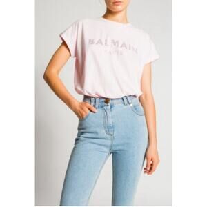 Balmain Paris Pink Rhinestone Jeweled Logo Cotton Tee Short Sleeve Womens Size L